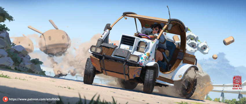 1girl black_eyes black_hair blue_sky bun_cover creature day double_bun driving dust ground_vehicle hair_bun highres joints kan_liu_(666k) motor_vehicle original outdoors robot robot_joints short_hair sitting sky solo