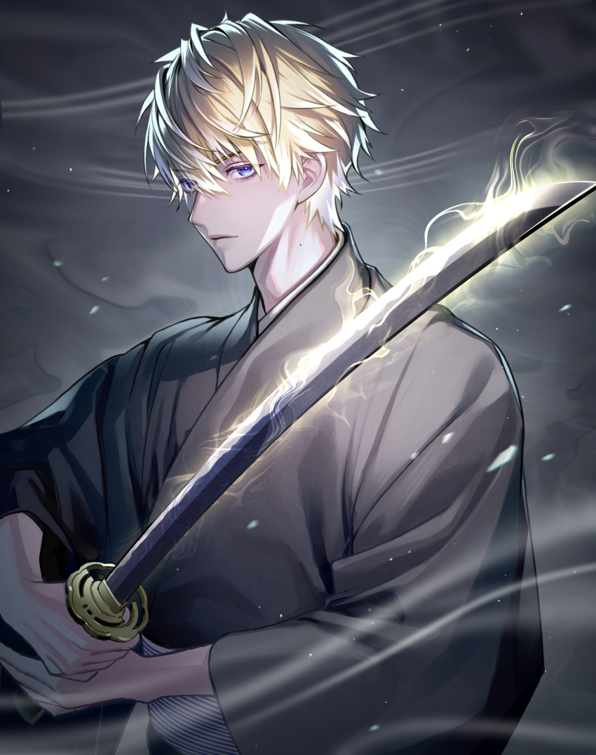 1boy absurdres bata000e black_kimono blonde_hair closed_mouth commentary_request gradient_hair grey_background hair_between_eyes highres holding holding_sword holding_weapon japanese_clothes katana kimono light_particles long_sleeves looking_at_viewer male_focus mole mole_on_neck multicolored_hair nijisanji nijisanji_en obi purple_eyes sash short_hair smoke solo sonny_brisko striped striped_sash sword virtual_youtuber weapon white_hair white_sash wide_sleeves