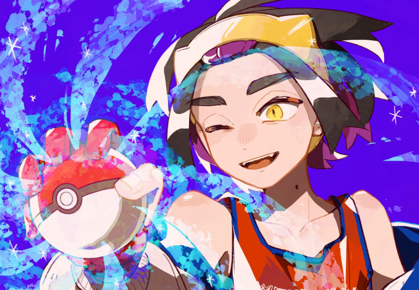 1boy :d bare_shoulders blue_background commentary_request gloves hairband hand_up highres holding holding_poke_ball jacket kieran_(pokemon) male_focus off_shoulder one_eye_closed open_mouth partially_fingerless_gloves poke_ball poke_ball_(basic) pokemon pokemon_(game) pokemon_sv potori3939 red_shirt shirt short_hair sleeveless sleeveless_shirt smile solo tank_top teeth tongue upper_body upper_teeth_only yellow_eyes yellow_hairband