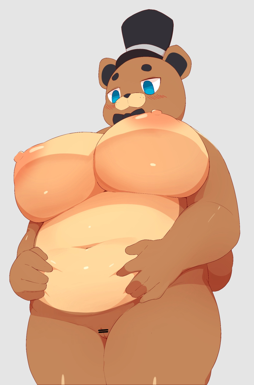 animatronic anthro areola bear big_breasts biped blue_eyes blush bow_tie breasts brown_body censor_bar clothing female five_nights_at_freddy's freddy_(fnaf) genitals hat headgear headwear hi_res machine mammal mostly_nude navel nipples pussy robot scottgames simple_background slightly_chubby solo thick_thighs umisag85rabb99 white_background