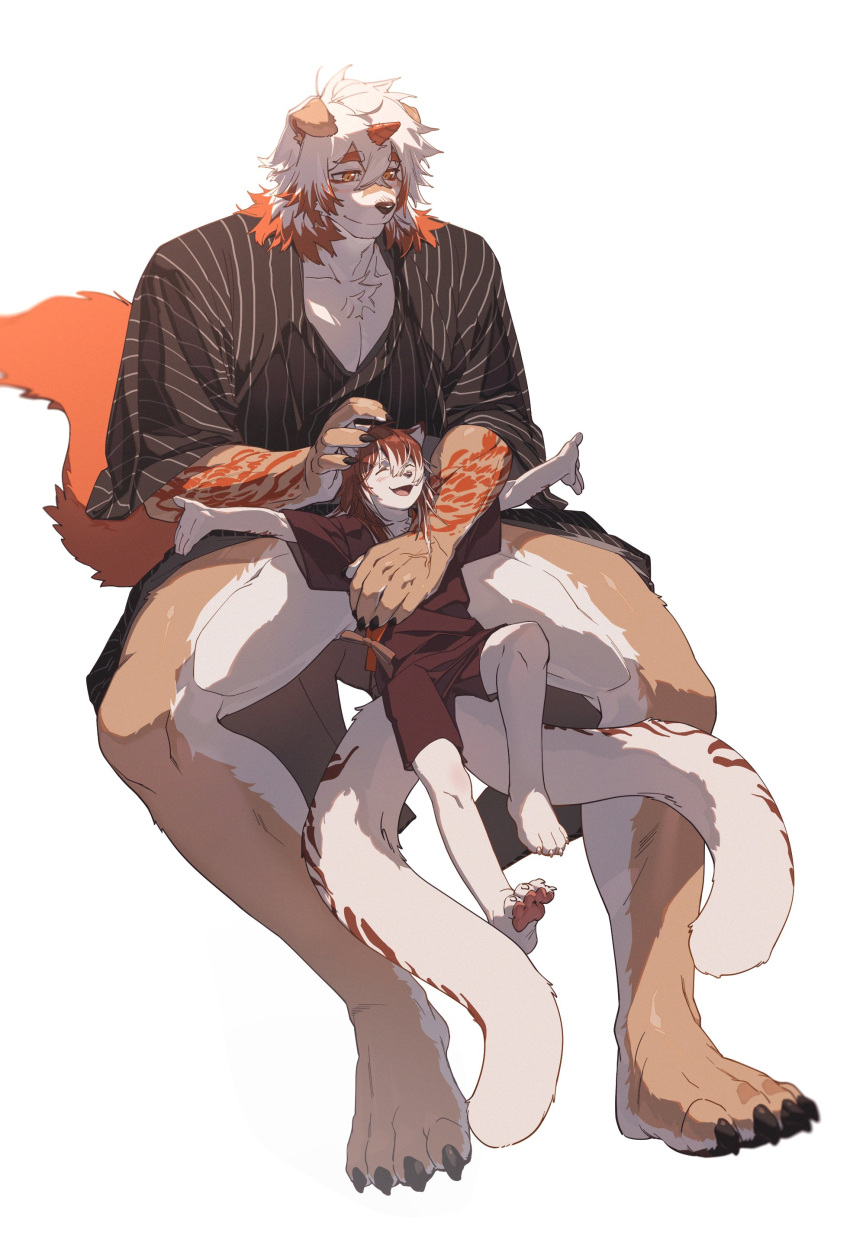 2023 2_tails 5_fingers absurd_res age_difference anthro arknights arm_tattoo bathrobe bathrobe_only bottomwear brown_hair canid canine canis clothing domestic_dog duo enmapsycho eyes_closed fingers fur hair hi_res horn hung_(arknights) hypergryph long_hair male mammal multi_tail multicolored_body multicolored_fur multicolored_hair pawpads robe shorts simple_background size_difference studio_montagne tail tan_body tan_fur tattoo topwear two_tone_body two_tone_fur two_tone_hair white_body white_fur white_hair yellow_eyes young younger_male