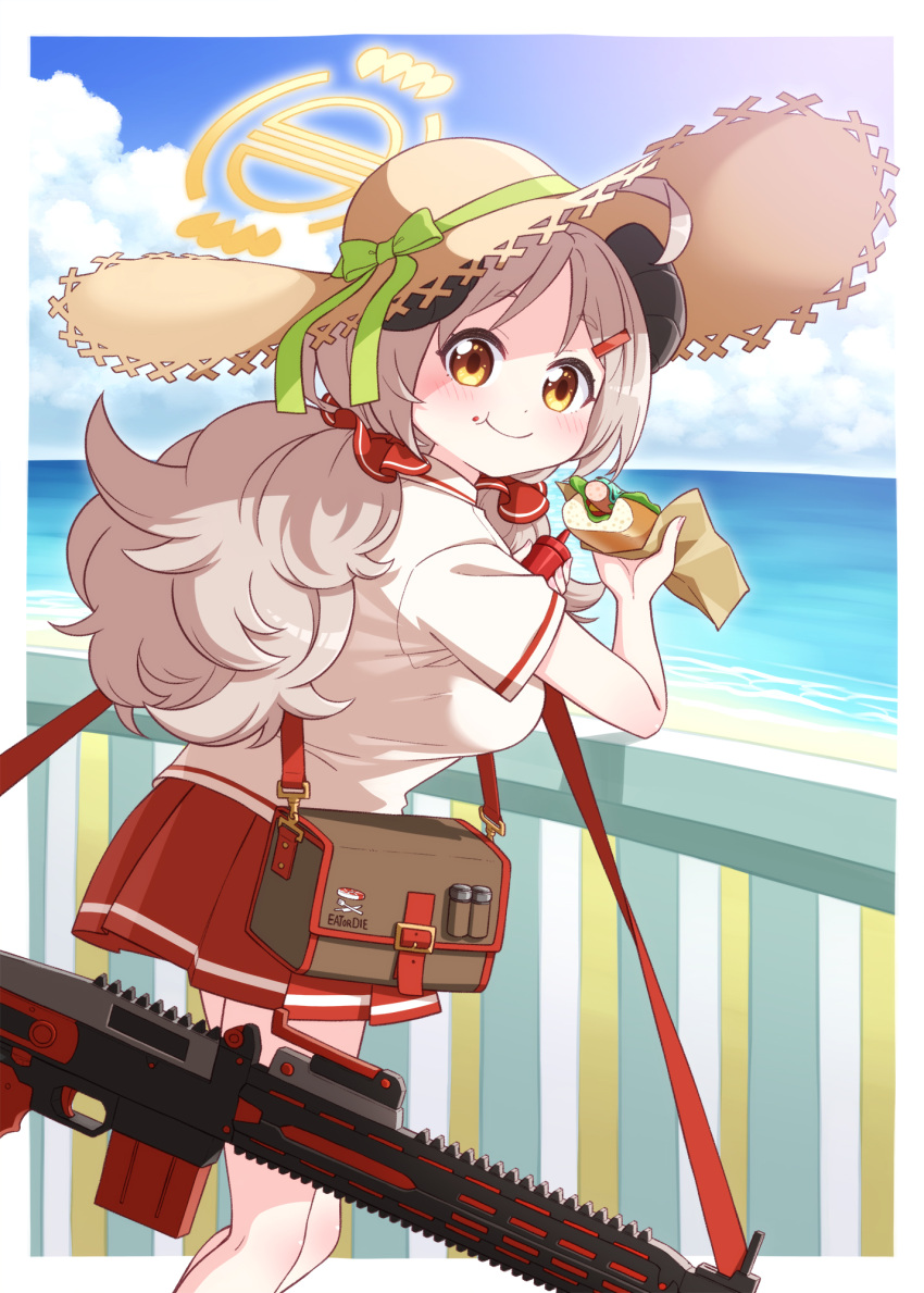 1girl :t ahoge bag beach blue_archive blue_sky blush bottle bow breasts brown_eyes brown_hair brown_headwear closed_mouth cloud cloudy_sky collared_shirt commentary_request day eating food food_on_face forehead from_side green_bow gun hair_ornament hairclip halo harada_(sansei_rain) hat hat_bow highres holding holding_bottle holding_food horizon horns hot_dog izumi_(blue_archive) ketchup_bottle large_breasts long_hair looking_at_viewer looking_to_the_side low_twintails machine_gun mg3 ocean outdoors parted_bangs pleated_skirt railing red_skirt sand shirt short_sleeves shoulder_bag skirt sky smile solo straw_hat twintails very_long_hair water weapon white_shirt