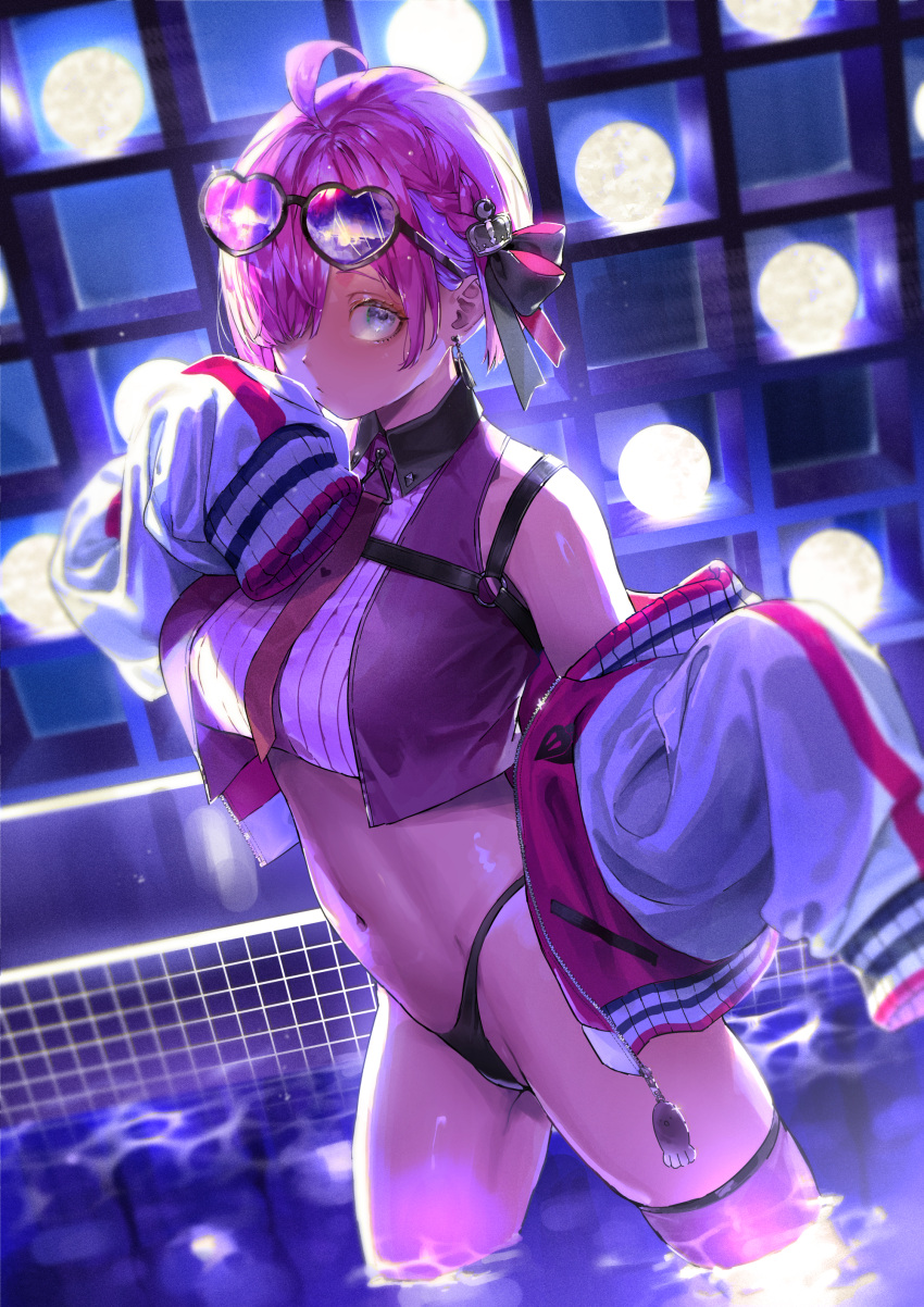1girl absurdres ahoge black_panties black_ribbon braid breast_strap breasts closed_mouth crop_top diagonal_bangs drop_earrings earrings eyewear_on_head french_braid green_eyes hair_over_one_eye hair_ribbon hand_up heart heart-shaped_eyewear highres himemori_luna himemori_luna_(5th_costume) hololive indoors jacket jewelry kuroi_suna letterman_jacket looking_at_viewer medium_breasts multicolored_clothes multicolored_jacket navel off_shoulder official_alternate_costume panties partially_submerged pool red_jacket ribbon short_hair single_thighhigh sleeveless sleeves_past_fingers sleeves_past_wrists solo thighhighs tinted_eyewear underwear virtual_youtuber wading wet white_jacket