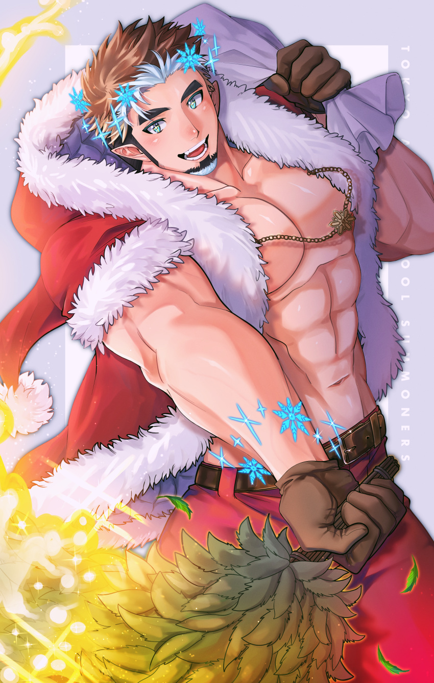 1boy abs absurdres bara blush brown_hair cowboy_shot doku_(hitori_ox) facial_hair forearms gift_bag goatee highres large_pectorals leaning_to_the_side long_sideburns looking_at_viewer male_focus multicolored_hair muscular muscular_male pectoral_cleavage pectorals pointy_ears santa_costume short_hair sideburns smile snowflakes solo sparkle star-shaped_pupils star_(symbol) symbol-shaped_pupils thick_eyebrows tokyo_afterschool_summoners tomte_(housamo) two-tone_beard white_hair