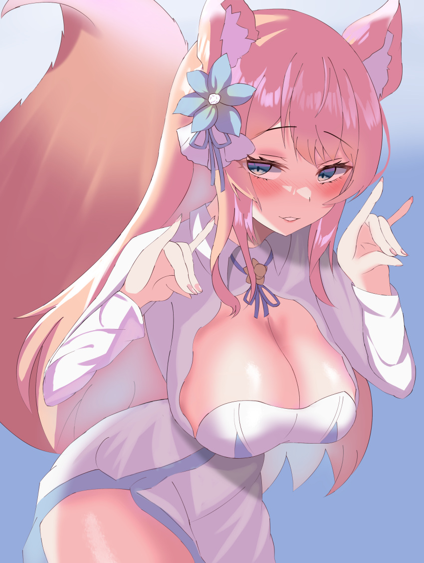 1girl absurdres animal_ear_fluff animal_ears blue_background blue_eyes blue_flower breasts cleavage_cutout clothing_cutout flower fox_ears fox_girl fox_shadow_puppet fox_tail hair_flower hair_ornament highres hizuki_rurufu large_breasts long_hair long_sleeves looking_at_viewer parted_lips pink_tail snack_nili solo tail tail_raised very_long_hair virtual_youtuber yuzi124