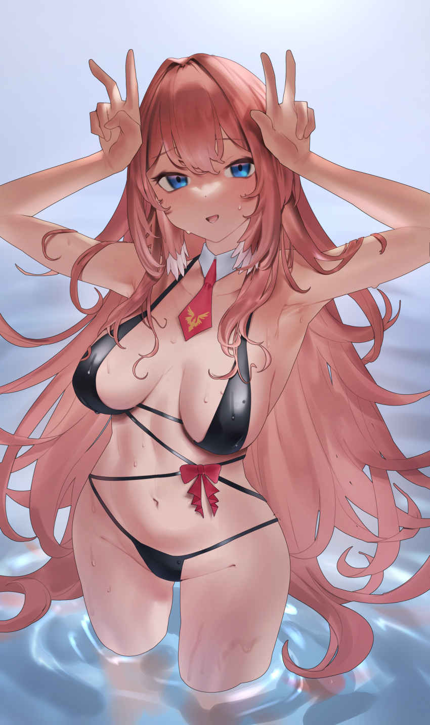 1girl absurdres aragiken armpits arms_up bikini black_bikini blue_eyes blush bow breasts breasts_apart collarbone detached_collar double_v hair_between_eyes hair_down hair_intakes hair_wings head_wings highres hololive large_breasts long_hair looking_at_viewer navel necktie open_mouth pink_hair red_bow red_necktie short_necktie smile solo swimsuit takane_lui thighs thong v very_long_hair virtual_youtuber wading water wet wings