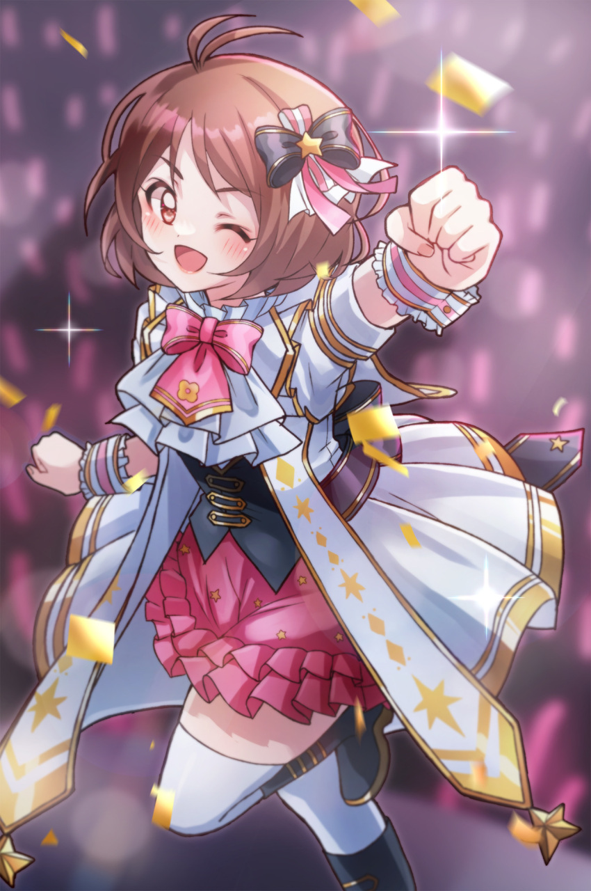 1girl 81_(mellowry) ;d antenna_hair blurry blurry_background blush boots bow bowtie brown_hair clenched_hands foreshortening glowstick hidaka_ai highres idol idolmaster idolmaster_dearly_stars knee_boots looking_at_viewer one_eye_closed pink_bow pink_bowtie pink_skirt short_hair skirt smile solo standing standing_on_one_leg thighhighs white_thighhighs wrist_cuffs