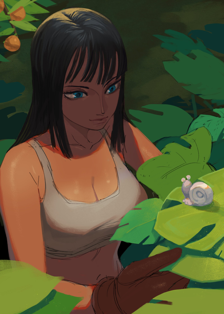 1girl absurdres black_hair blue_eyes breasts brown_gloves english_commentary food fruit gloves highres large_breasts leaf long_hair looking_at_another mandarin_orange midriff nature navel nico_robin one_piece smile snail taikolum tank_top unfinished white_tank_top