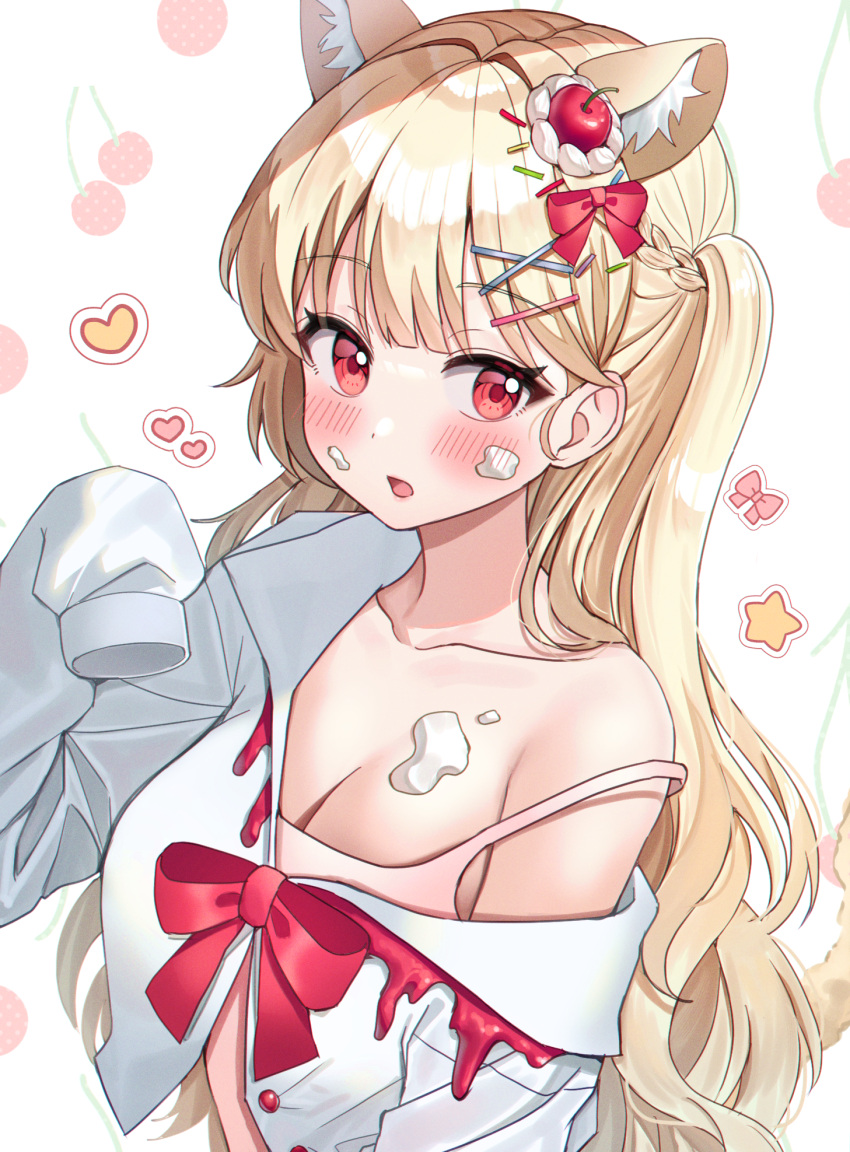 1girl animal_ear_fluff animal_ears blonde_hair blush bow braid breasts cat_ears cleavage collared_shirt commentary_request dress_shirt food food_on_face hair_bow hair_intakes hair_ornament hairclip hand_up heart highres kubong long_hair long_sleeves medium_breasts off_shoulder one_side_up open_mouth original puffy_long_sleeves puffy_sleeves red_bow shirt simple_background sleeves_past_fingers sleeves_past_wrists solo star_(symbol) very_long_hair white_background white_shirt x_hair_ornament