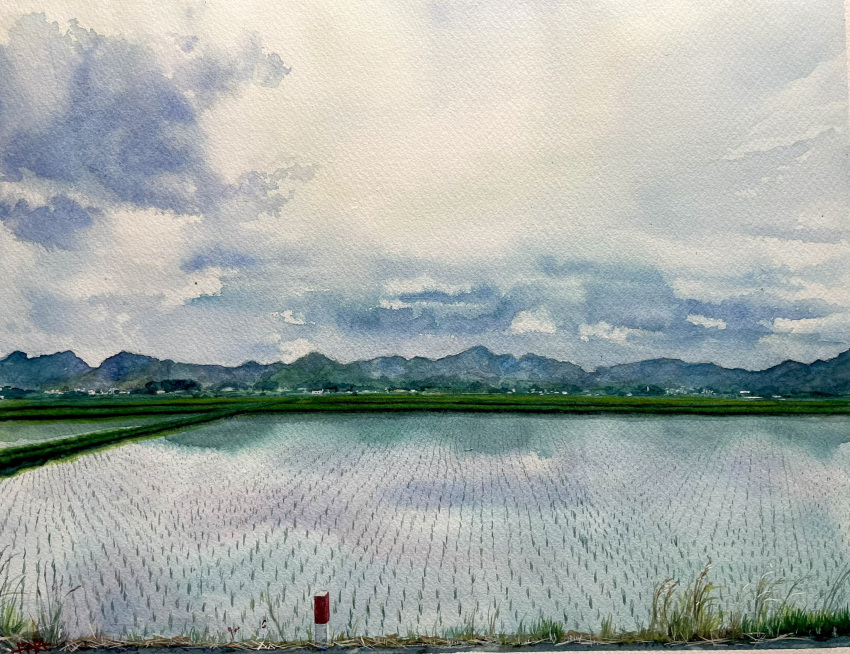 blue_sky cloud cloudy_sky day farm highres mountain mountainous_horizon no_humans original painting_(medium) reflection reflective_water rice_paddy rural shibakaka sky traditional_media water watercolor_(medium)