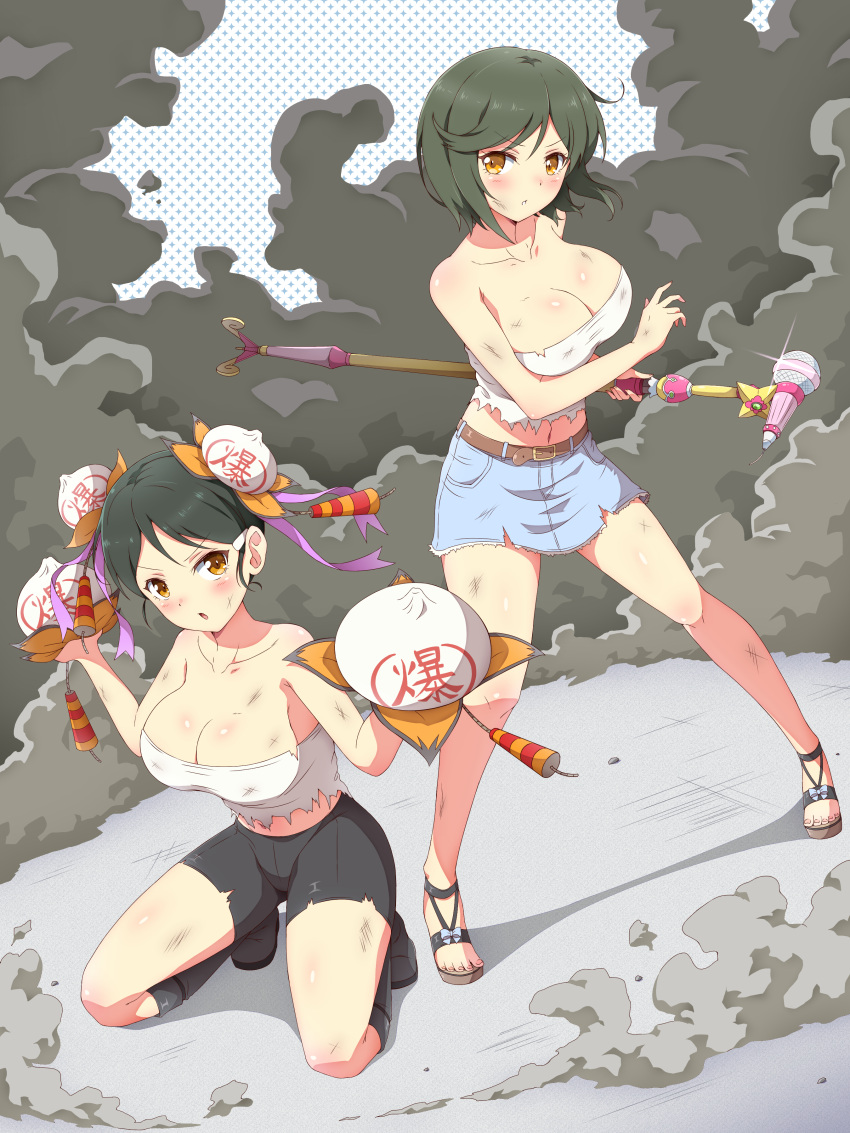 absurdres baozi bare_shoulders belt bike_shorts black_hair blue_bow blush body_blush boots bow breasts brown_belt bruise cleavage collarbone commission denim denim_skirt dirty dotted_background double_bun eggman_(pixiv28975023) fighting_stance firecrackers food full_body hair_bun hair_ornament highres holding injury kneeling large_breasts looking_at_viewer mai_(senran_kagura) meimei_(senran_kagura) microphone_stand midriff miniskirt multiple_girls navel open_mouth orange_eyes purple_ribbon ready_to_draw ribbon sandals scrape scratches senran_kagura senran_kagura_new_wave short_hair shorts skeb_commission skirt smoke standing strapless torn_clothes torn_shorts torn_skirt tube_top weapon white_tube_top