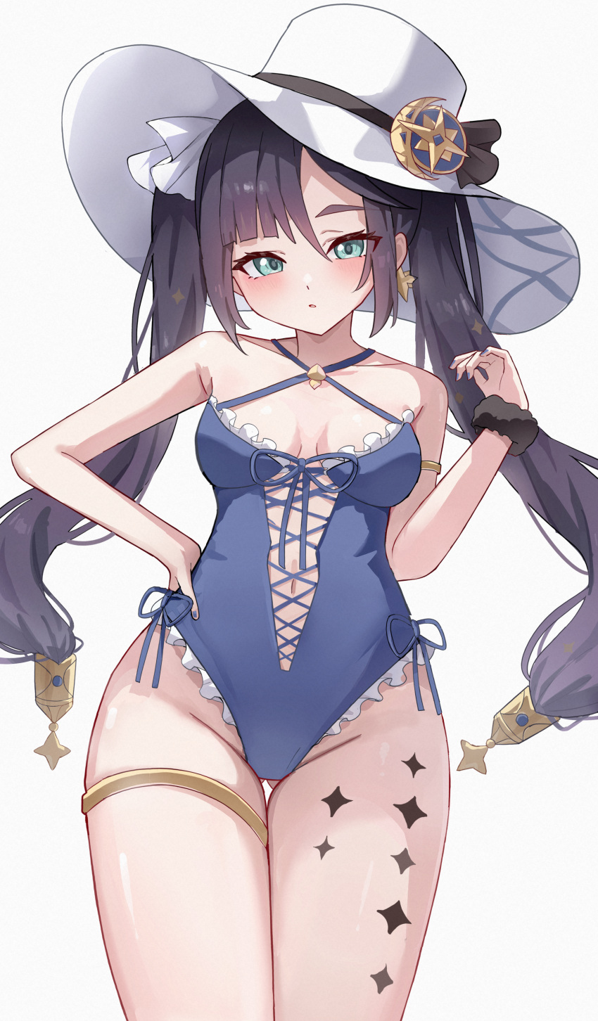 1girl absurdres aftamc ass_visible_through_thighs bare_shoulders blue_one-piece_swimsuit breasts clothing_cutout genshin_impact groin hat highres leg_tattoo long_hair looking_at_viewer mona_(genshin_impact) navel_cutout one-piece_swimsuit parted_lips scrunchie small_breasts solo sun_hat swimsuit tattoo thighlet thighs twintails very_long_hair white_headwear wrist_scrunchie