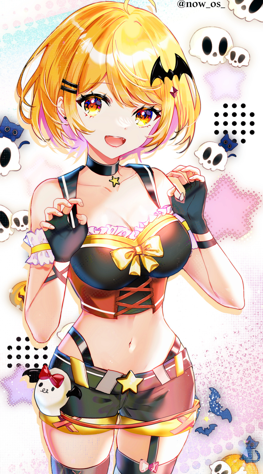 1girl :d absurdres bat_hair_ornament black_choker black_gloves black_shorts black_thighhighs blonde_hair bow breasts choker cleavage collarbone colored_inner_hair cowboy_shot crop_top garter_straps gloves hair_ornament hairclip highres hololive looking_at_viewer medium_breasts midriff multicolored_hair navel open_mouth pink_hair short_hair short_shorts shorts skindentation smile solo sowon standing stomach thighhighs twitter_username two-tone_hair underbust virtual_youtuber yellow_bow yellow_eyes yozora_mel