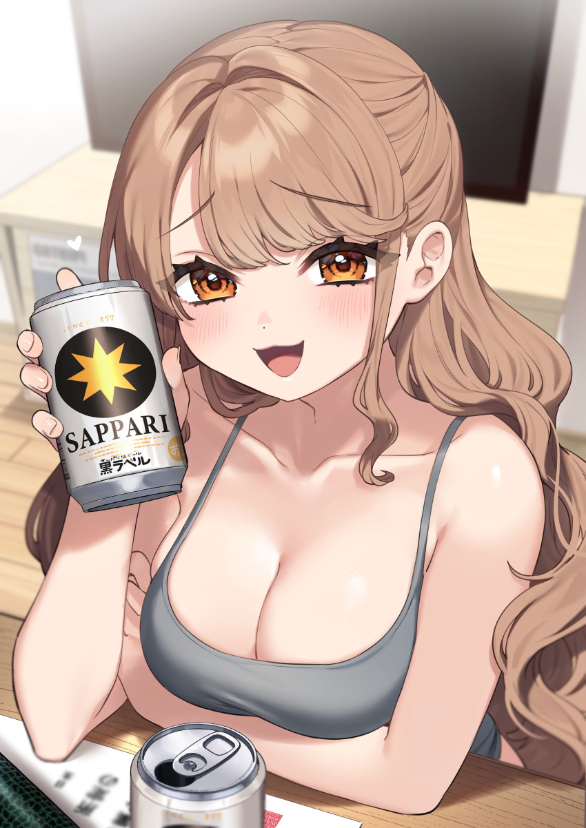 1girl absurdres arm_under_breasts bare_shoulders beer_can blurry blurry_background blurry_foreground blush breasts brown_eyes can collarbone commentary grey_camisole hair_intakes hand_up highres holding holding_can indoors kodama's_elder_sister_(sakura_yuki) large_breasts light_brown_hair long_hair looking_at_viewer open_mouth original raised_eyebrows sakura_yuki_(clochette) smile solo swept_bangs television upper_body very_long_hair wooden_floor