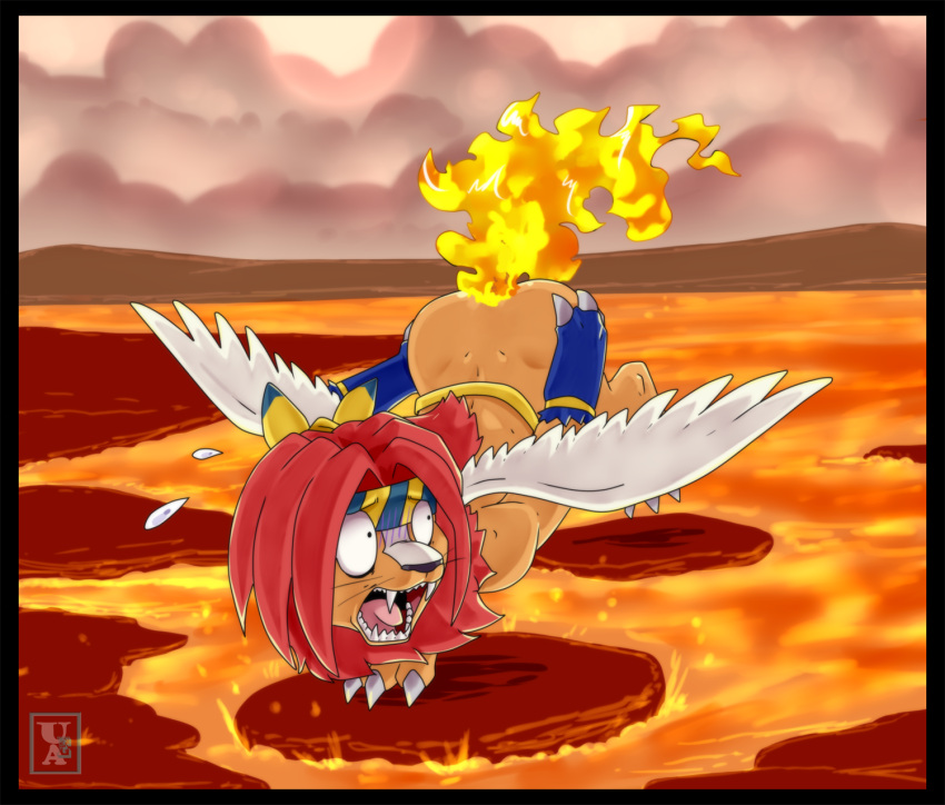 anthro bent_over big_butt bodily_fluids burning butt butt_on_fire detailed_background digital_media_(artwork) feathered_wings feathers felid fire hand_on_butt hi_res iranian_mythology lava legendz leon_the_manticore lion male mammal manticore middle_eastern_mythology mythology open_mouth pain pantherine pequedark-velvet solo sweat sweatdrop wings