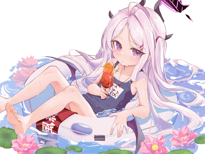 1girl absurdres ahoge barefoot black_wings blue_archive blue_one-piece_swimsuit closed_mouth cocktail cocktail_glass collarbone cup demon_horns demon_wings drinking_glass feet flat_chest flower foot_out_of_frame halo highres hina_(blue_archive) hina_(swimsuit)_(blue_archive) holding holding_cup horns innertube legs long_hair looking_at_viewer low_wings name_tag official_alternate_costume one-piece_swimsuit pink_flower purple_eyes school_swimsuit soles solo swimsuit toes very_long_hair white_hair wings yakurope-moko