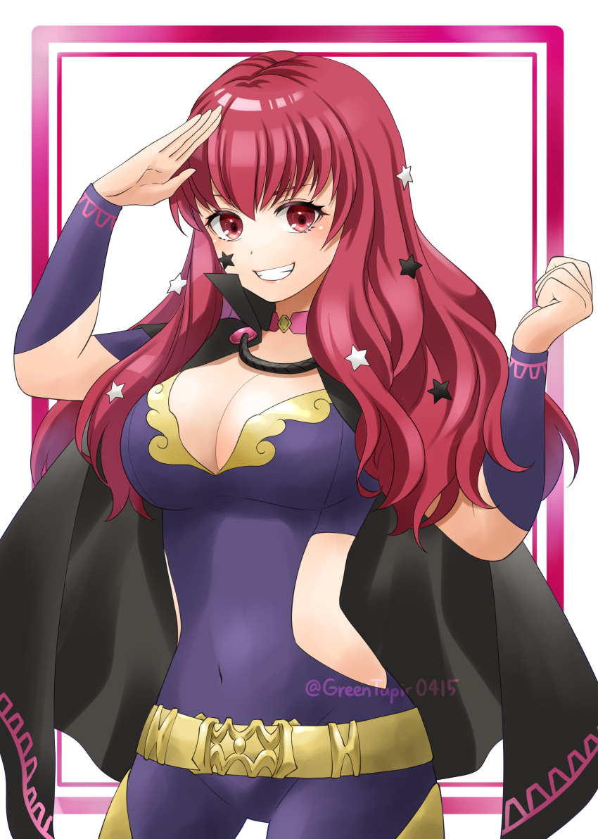 1girl absurdres black_cape border breasts cape choker cleavage commentary_request covered_navel facial_mark fire_emblem fire_emblem_engage hair_ornament highres large_breasts long_hair looking_at_viewer midori_no_baku pink_border pink_choker red_eyes red_hair salute smile solo star_(symbol) star_facial_mark star_hair_ornament teeth unitard white_background yunaka_(fire_emblem)