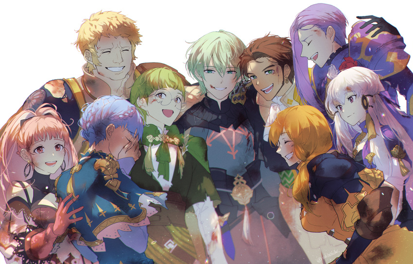 4girls 5boys arm_around_shoulder armor blood blood_on_face blue_hair braid broken_eyewear brown_eyes brown_hair byleth_(fire_emblem) capelet claude_von_riegan cleavage_cutout closed_eyes clothing_cutout crying detached_sleeves dirty dirty_clothes earrings fire_emblem fire_emblem:_three_houses glasses gloves green_eyes green_hair grin hair_ornament hand_on_another's_back hand_on_own_face happy highres hilda_valentine_goneril ignatz_victor injury jewelry leonie_pinelli light_particles long_hair lorenz_hellman_gloucester lysithea_von_ordelia marianne_von_edmund multiple_boys multiple_girls pauldrons pink_eyes pink_hair purple_hair raphael_kirsten shiroi_(shiroicbe) short_hair shoulder_armor side_braid smile torn_clothes white_background