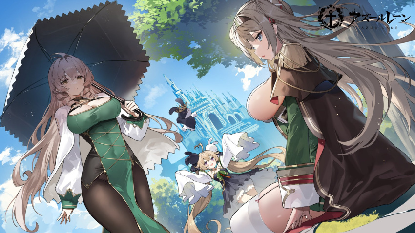 3girls amagasa_yun andrea_doria_(azur_lane) arms_up attilio_regolo_(azur_lane) azur_lane black_cape black_capelet black_dress black_garter_straps black_pantyhose blonde_hair blue_sky breasts building cape capelet cathedral cleavage cleavage_cutout clothing_cutout cloud copyright_name covered_navel day dress drill_hair dutch_angle epaulettes garter_straps gold_trim gorizia_(azur_lane) green_dress green_eyes green_jacket grey_eyes grey_hair hair_between_eyes hair_ornament hairband highres holding holding_umbrella impossible_clothes jacket large_breasts layered_dress loading_screen logo long_hair long_sleeves looking_at_viewer looking_back multiple_girls official_art outdoors pantyhose parasol pelvic_curtain puffy_sleeves sideboob sitting skindentation sky sleeves_past_fingers sleeves_past_wrists smile standing taut_clothes taut_dress thick_thighs thighhighs thighs tree twin_drills twintails umbrella very_long_hair white_cape white_dress white_thighhighs white_umbrella wide_sleeves