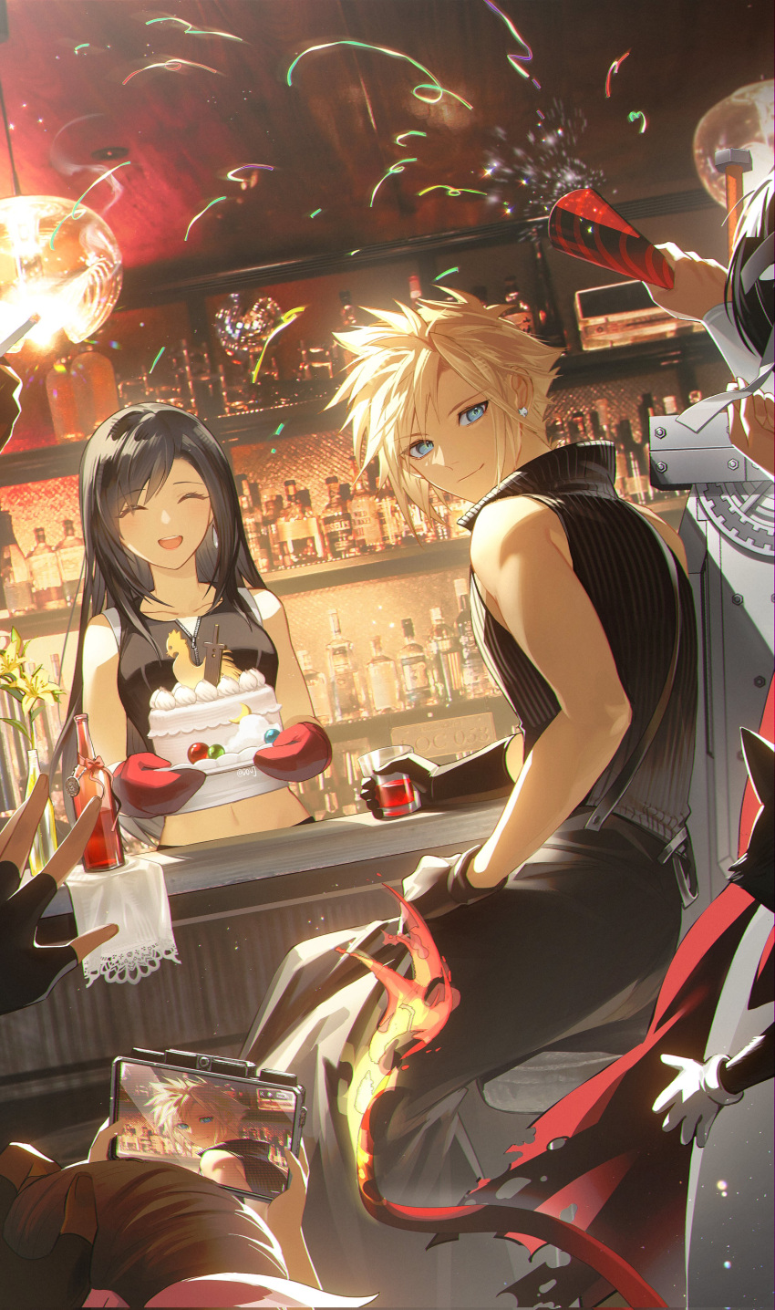 1other 3girls 5boys absurdres alcohol apron bar_(place) bare_shoulders barret_wallace birthday_cake black_apron black_gloves black_hair black_vest blonde_hair blue_eyes bottle breasts brown_hair buster_sword cait_sith_(ff7) cake camera cape cat chocolate cid_highwind cigarette closed_eyes closed_mouth cloud_strife collarbone commentary confetti counter crop_top cup drinking_glass duoj_ji earrings final_fantasy final_fantasy_vii final_fantasy_vii_advent_children fingerless_gloves flame-tipped_tail flower food fusion_swords gloves hair_ribbon hand_on_another's_head happy happy_birthday headband high_collar highres holding holding_camera holding_cigarette holding_cup holding_plate indoors jewelry large_breasts long_hair looking_at_viewer marlene_wallace materia midriff_peek multiple_boys multiple_girls navel open_mouth out_of_frame oven_mitts party_popper pink_ribbon plate red_cape ribbon shirt short_hair single_earring sitting sleeveless sleeveless_shirt smile spiked_hair stool stud_earrings swept_bangs symbol-only_commentary tank_top teardrop_earring teeth tifa_lockhart torn_cape torn_clothes upper_teeth_only vest vincent_valentine waist_apron white_headband white_tank_top yellow_flower yuffie_kisaragi zipper