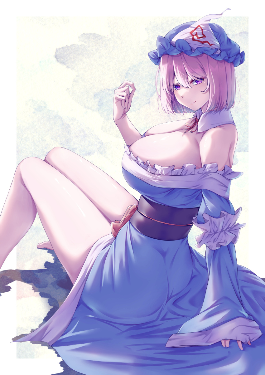1girl absurdres arm_support bare_shoulders blue_headwear blue_kimono bob_cut breasts cleavage closed_mouth detached_collar feet_out_of_frame frilled_kimono frills from_side hat highres huge_breasts japanese_clothes kimono knees_up looking_at_viewer mirufui mob_cap obi off_shoulder pink_eyes pink_hair saigyouji_yuyuko sash sitting smile solo touhou triangular_headpiece white_background wing_collar