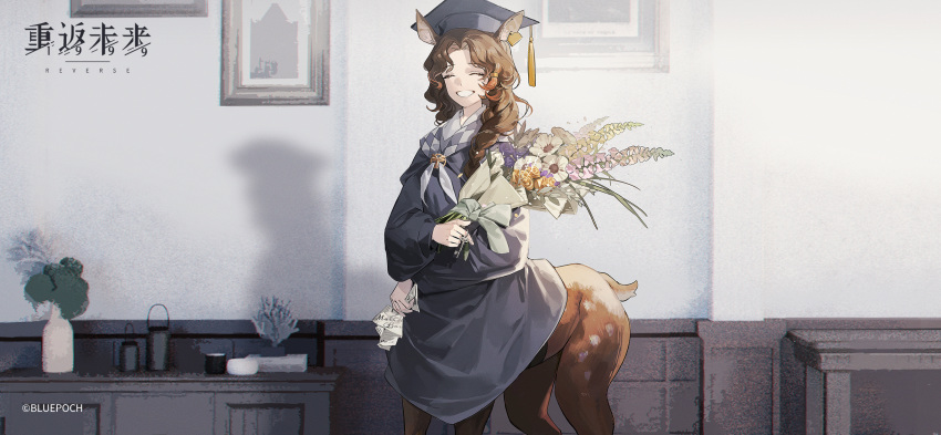 1girl animal_ears black_headwear black_robe bouquet braid brown_hair centauroid changeling_(reverse:1999) checkered_neckerchief closed_eyes copyright copyright_name cowboy_shot crumpled_paper curly_hair deer_ears deer_girl deer_tail ear_tag flower graduation grin hair_over_shoulder hat hat_tassel highres holding holding_bouquet holding_paper indoors logo long_hair mortarboard neckerchief official_art official_wallpaper paper parted_bangs picture_(object) picture_frame pink_flower purple_flower reverse:1999 robe rose shadow single_braid smile solo tail taur teeth vase wall white_footwear yellow_flower yellow_rose