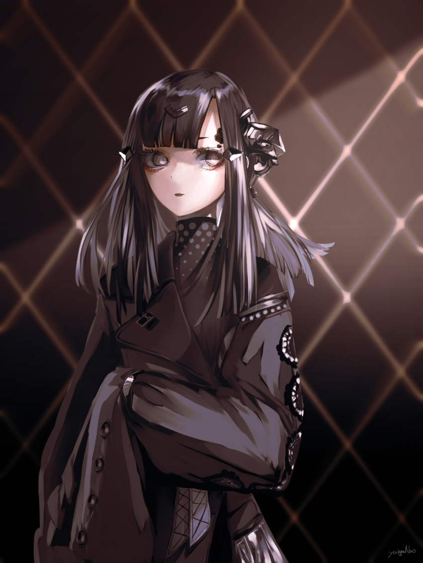 1girl black_dress black_hair black_lips dress expressionless girls'_frontline grey_eyes headgear highres long_hair long_sleeves looking_to_the_side mercurows_(girls'_frontline) nyto_(girls'_frontline) paradeus sideways_glance signature sleeves_past_fingers sleeves_past_wrists solo upper_body yuiga_nao