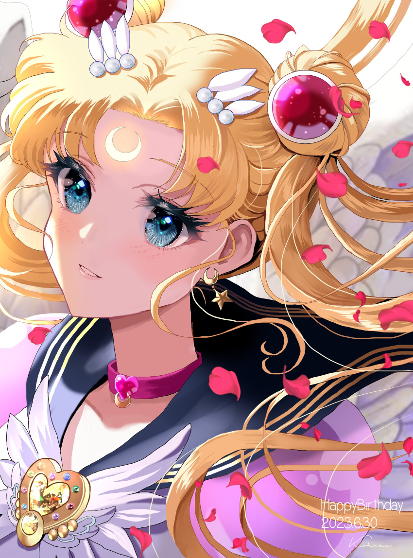 absurdres bishoujo_senshi_sailor_moon blonde_hair blue_eyes blue_sailor_collar brooch choker crescent crescent_facial_mark double_bun elbow_gloves english_commentary eternal_sailor_moon facial_mark gloves hair_bun hair_ornament happy_birthday heart heart_brooch highres jewelry koharumichi long_hair magical_girl sailor_collar sailor_moon sailor_senshi_uniform skirt tsukino_usagi twintails white_gloves wing_brooch