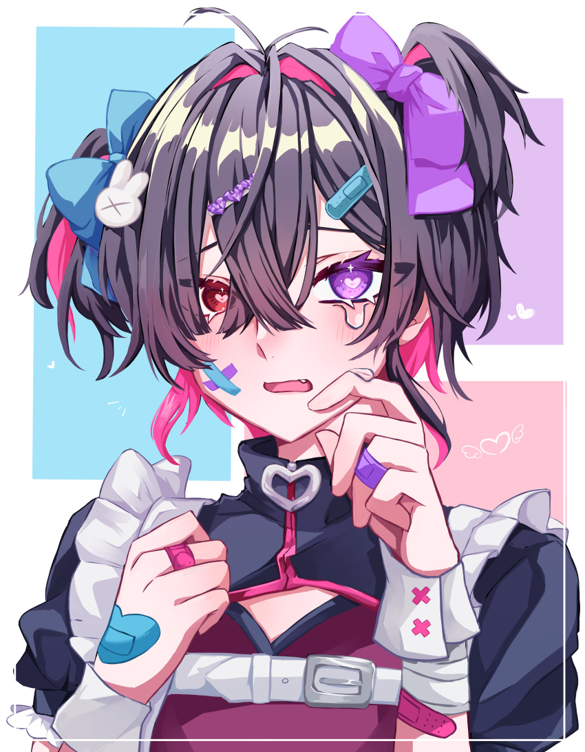 1boy absurdres bandaged_arm bandages bandaid bandaid_hair_ornament bandaid_on_cheek bandaid_on_face black_hair crazy crying crying_with_eyes_open hair_ornament harness heart heart-shaped_pupils heterochromia highres maid maid_headdress male_focus multicolored_hair noma_ebi open_mouth original otoko_no_ko pink_hair purple_eyes rabbit_hair_ornament red_eyes symbol-shaped_pupils tears twintails uneven_twintails yami_kawaii