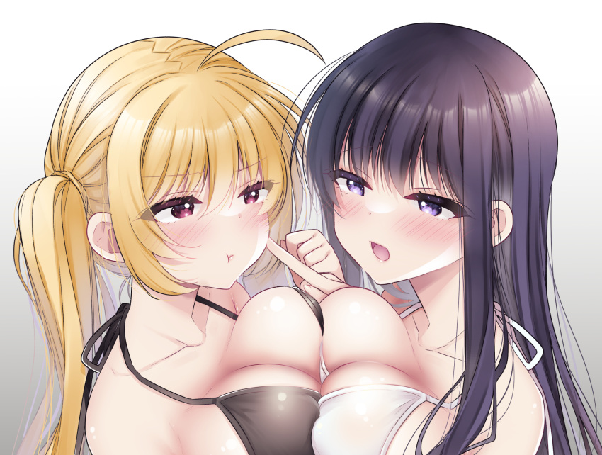 2girls ahoge bikini black_bikini black_hair blush breast_press breasts cheek_poking clenched_hand close-up collarbone hano_haruka highres large_breasts long_hair multiple_girls open_mouth original poking purple_eyes red_eyes swimsuit symmetrical_docking twintails white_bikini