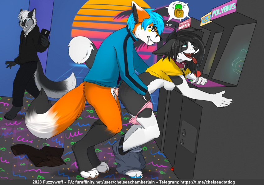 2023 4_toes 5_fingers ahegao ambiguous_penetration anthro anthro_on_anthro anthro_penetrated anthro_penetrating anthro_penetrating_anthro arcade arcade_machine being_watched black_hair blue_eyes blue_hair bodily_fluids bottomless bottomless_anthro bottomless_male bottomwear bottomwear_down breasts canid canine canis cellphone cheek_tuft chelsea_chamberlain claws clothed clothing clothing_on_floor collar colored digital_drawing_(artwork) digital_media_(artwork) digitigrade dipstick_ears dipstick_tail domestic_dog drooling dutch_angle exhibitionism facial_tuft feet female female_penetrated fingers fox from_behind_position full-length_portrait fuzzywuff hair inner_ear_fluff karelian_bear_dog knot knot_root leg_markings looking_at_another looking_pleasured male male/female male_penetrating male_penetrating_female mammal markings multicolored_ears neck_tuft nightdancer_(character) panties panties_down partially_clothed partially_clothed_anthro partially_clothed_female penetration phone pivoted_ears portrait public public_sex saliva sex shirt_up side_boob silver_hair socks_(marking) spitz standing standing_sex tail tail_markings taking_picture tears tears_of_pleasure toe_claws toeless_(marking) toes tongue tongue_out tuft underwear underwear_down usb_necklace whisker_spots wolf