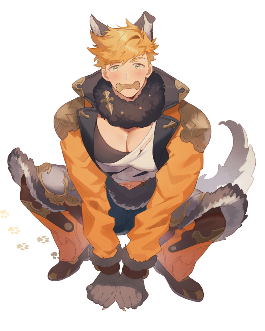 1boy animal_ears bara belt black_pants black_tank_top blonde_hair blush cookie food food_in_mouth fur-trimmed_belt fur_collar granblue_fantasy green_eyes halloween_costume higashigunkan highres large_pectorals looking_at_viewer male_focus muscular muscular_male official_alternate_costume pants pectorals shirt short_hair simple_background solo tail tank_top torn_clothes torn_shirt vane_(granblue_fantasy) vane_(halloween)_(granblue_fantasy) white_background white_shirt wolf_boy wolf_ears wolf_paws wolf_tail