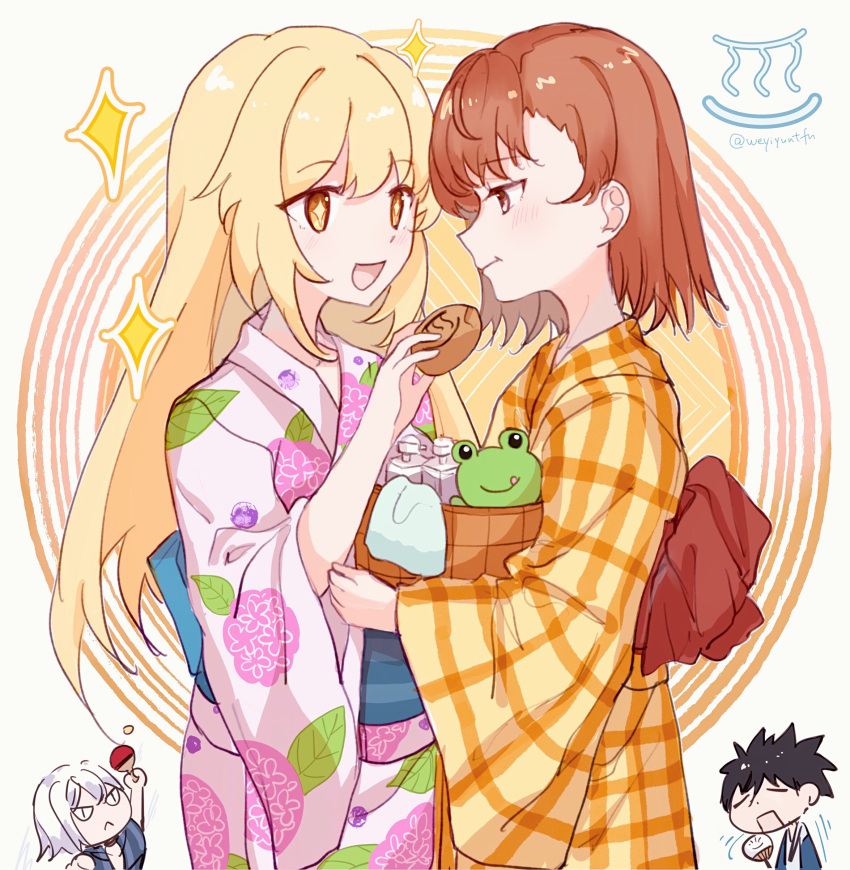 2boys 2girls :d absurdres accelerator_(toaru_majutsu_no_index) acertaindosu ball basket black_hair blonde_hair brown_hair checkered_clothes checkered_kimono eating eye_contact fanning_self feeding floral_print food gekota hand_fan highres holding holding_basket holding_fan holding_food holding_paddle japanese_clothes kamijou_touma kimono light_blush long_hair looking_at_another misaka_mikoto multiple_boys multiple_girls orange_kimono paddle pink_kimono print_kimono shokuhou_misaki short_hair smile soap_bottle sparkle spiked_hair star-shaped_pupils star_(symbol) symbol-shaped_pupils table_tennis_ball table_tennis_paddle toaru_kagaku_no_railgun toaru_majutsu_no_index towel white_background white_hair wide_sleeves yellow_eyes yellow_kimono