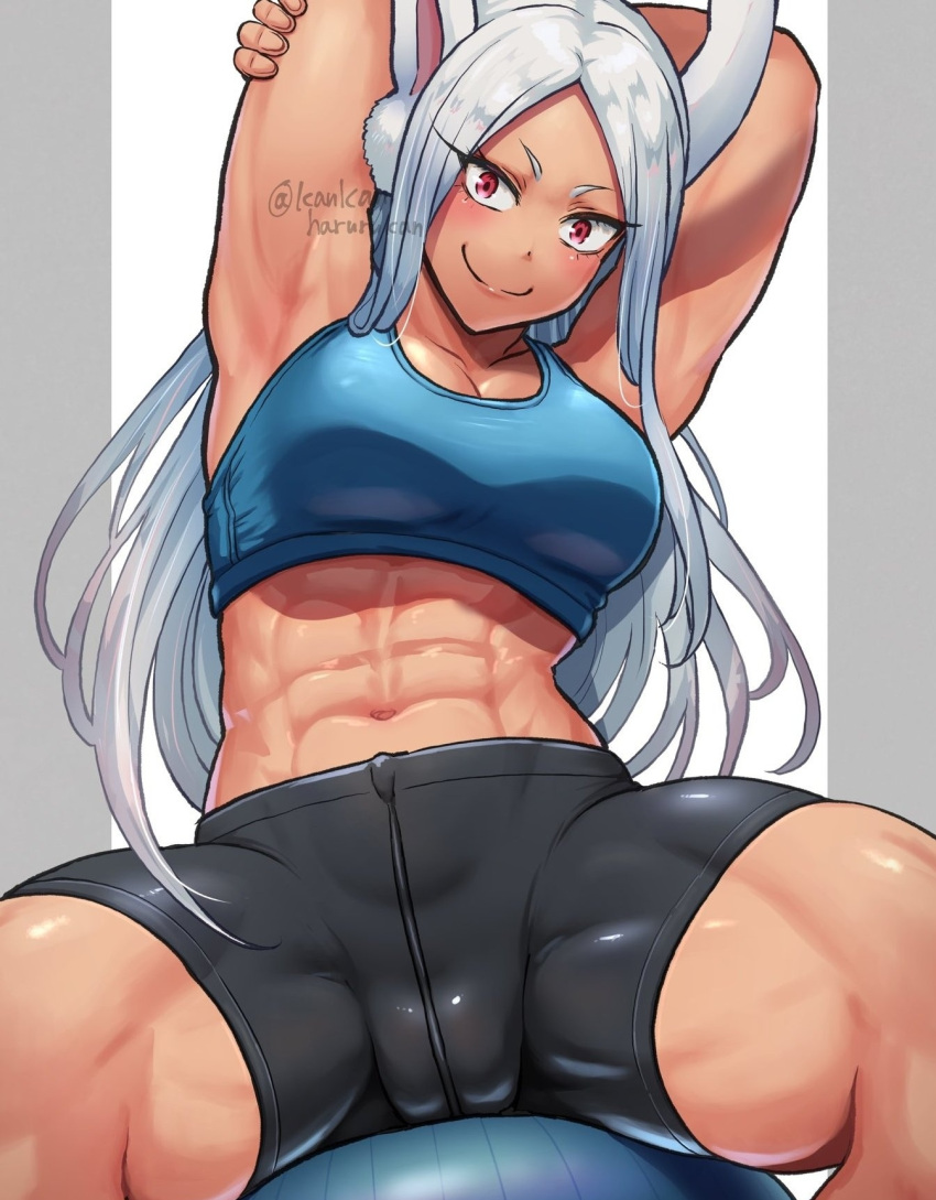 1girl abs animal_ears arm_behind_head arm_up armpits ball bare_shoulders bike_shorts black_shorts blue_sports_bra boku_no_hero_academia breasts collarbone dark-skinned_female dark_skin exercise_ball hand_on_own_arm harurukan highres large_breasts long_eyelashes long_hair looking_at_viewer mirko muscular muscular_female navel parted_bangs pillarboxed rabbit_ears rabbit_girl red_eyes shorts sitting sitting_on_object smile solo sports_bra spread_legs stomach stretching thick_thighs thighs twitter_username very_long_hair white_hair