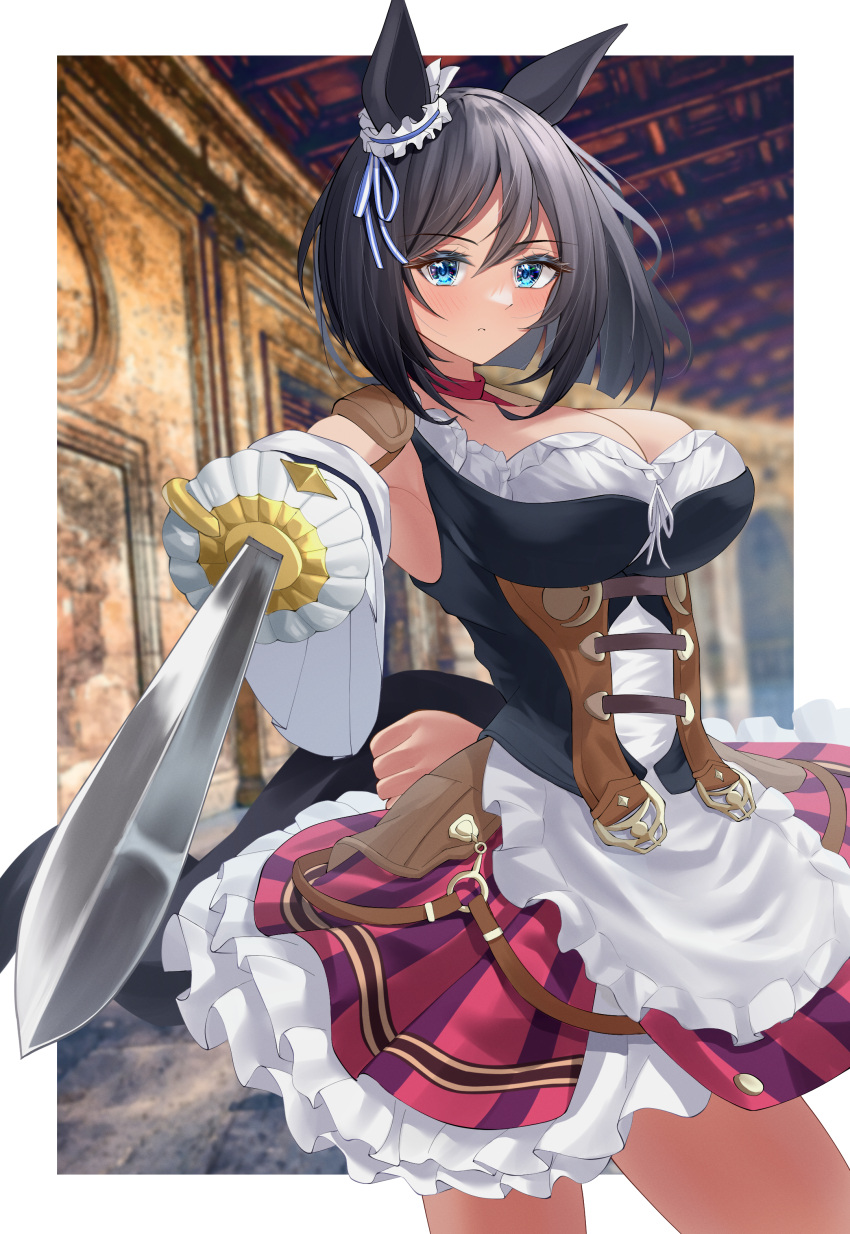 1girl absurdres animal_ears armpits black_hair blue_eyes blurry blurry_background blush border choker closed_mouth commentary_request cowboy_shot detached_sleeves dirndl dress ear_ornament eishin_flash_(umamusume) frilled_dress frills german_clothes hair_between_eyes highres holding holding_sword holding_weapon horse_ears horse_girl horse_tail looking_at_viewer petticoat rapier red_choker short_hair shumai_il simple_background solo sword tail umamusume weapon white_border