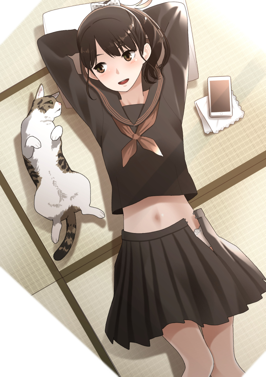 1girl arms_behind_head black_hair black_sailor_collar black_serafuku black_shirt black_skirt blush bow brown_eyes cat cellphone commentary eye_contact from_above grey_cat hair_bow handkerchief highres long_hair long_sleeves looking_at_animal looking_at_another looking_to_the_side lying midriff navel neckerchief on_back open_clothes open_skirt original panties panty_peek parted_lips pen-racket phone pillow pleated_skirt polka_dot polka_dot_bow ponytail red_neckerchief sailor_collar school_uniform serafuku shadow shirt skirt smartphone smile tatami teeth underwear uniform upper_teeth_only white_bow white_cat white_panties