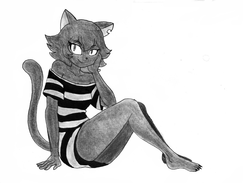 absurd_res anthro black_body black_fur black_hair bodily_fluids clothed clothing domestic_cat efradraws emale felid feline felis female fully_clothed fur graphite_(artwork) hair hi_res looking_at_viewer mammal marker_(artwork) notched_ear pencil_(artwork) sitting smile solo sweat sweatdrop teeth traditional_media_(artwork) yellow_eyes