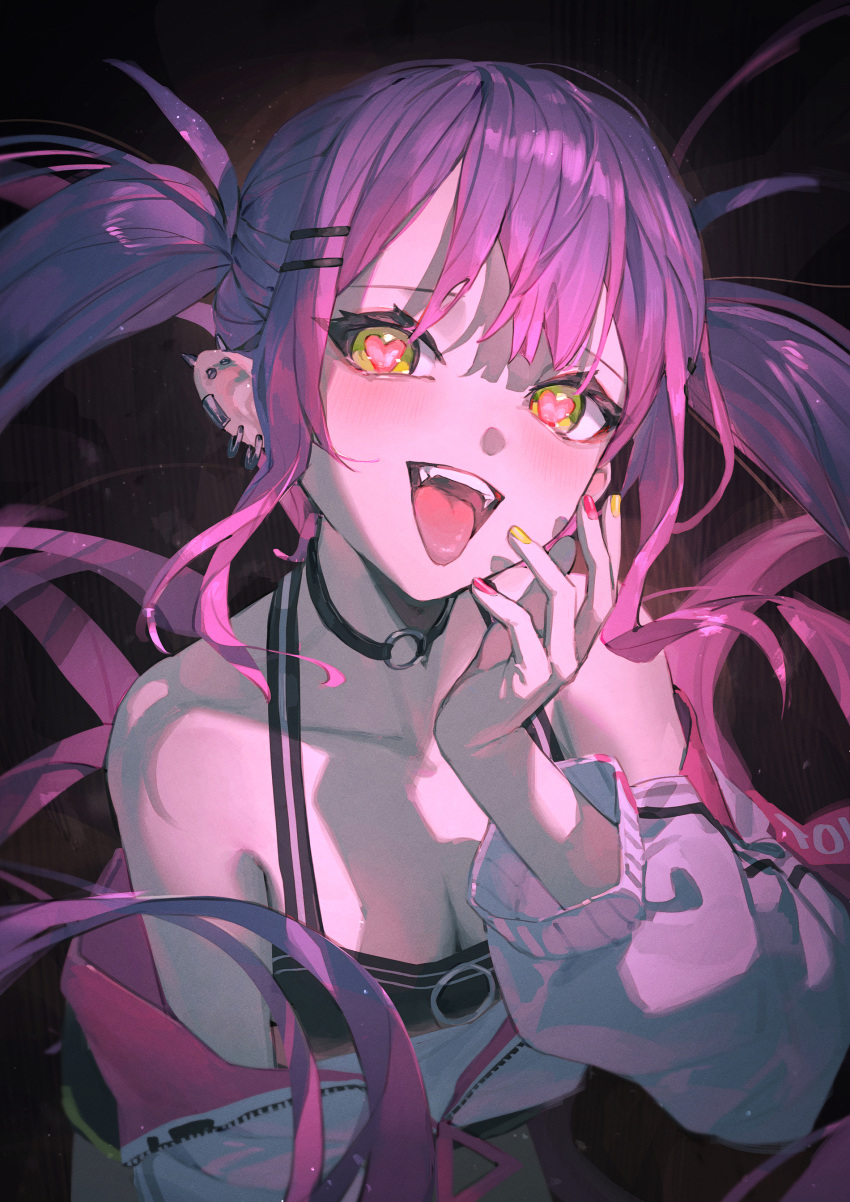 1girl absurdres bare_shoulders black_camisole black_choker blush breasts camisole choker cleavage crazy_smile ear_bar ear_piercing fangs green_eyes green_nails hair_ornament hairclip hand_up heart heart-shaped_pupils highres hololive jacket long_sleeves mr.lime multicolored_nails o-ring o-ring_choker off-shoulder_jacket off_shoulder open_mouth piercing pink_nails puffy_long_sleeves puffy_sleeves purple_hair smile solo symbol-shaped_pupils tokoyami_towa tokoyami_towa_(1st_costume) tongue tongue_out twintails upper_body virtual_youtuber white_jacket