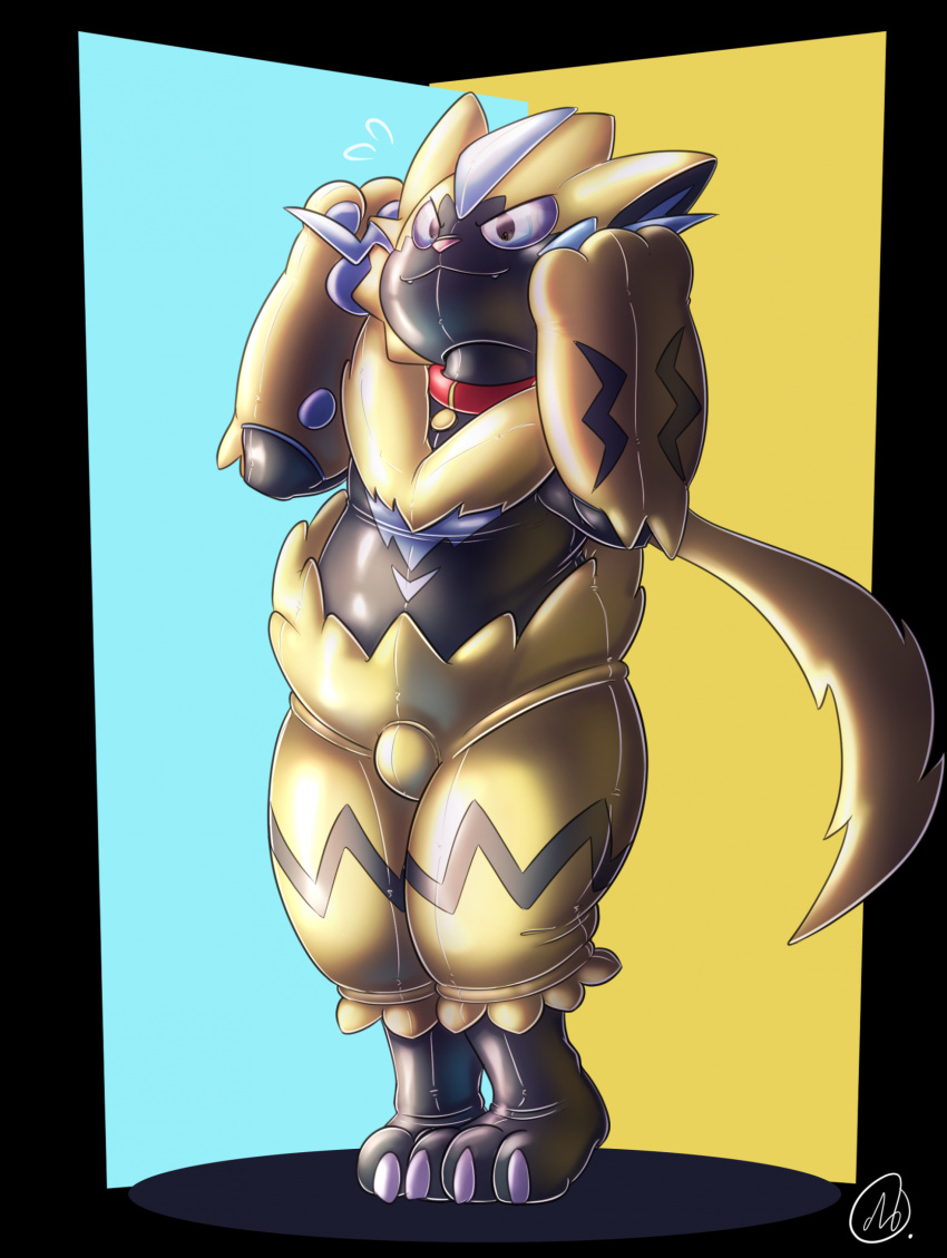 bdsm bondage bound clothing collar encasement generation_7_pokemon hi_res inflatable inflatable_suit legendary_pokemon mittens_(panapoliz) nintendo null_bulge panapoliz paw_mitts pokemon pokemon_(species) rubber rubber_clothing rubber_suit solo thick_thighs zeraora