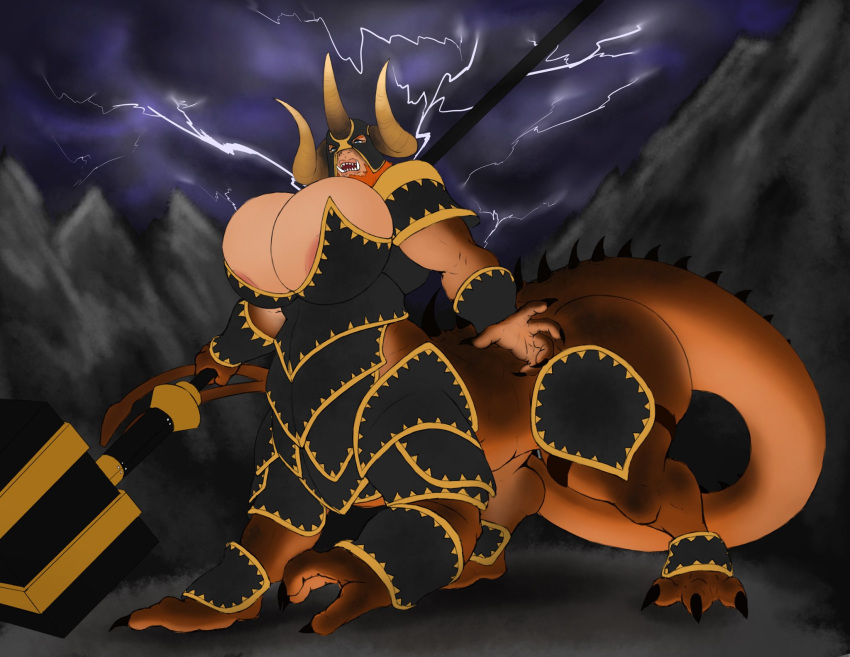 areola areola_slip armor big_breasts breasts claws cleavage clothed clothing female hammer headgear helmet hi_res horn huge_breasts long_tail melee_weapon multicolored_body scalie scalie_taur solo spikes spikes_(anatomy) tail taur thesquarestart thick_tail thick_thighs tools tusks unknown_species weapon
