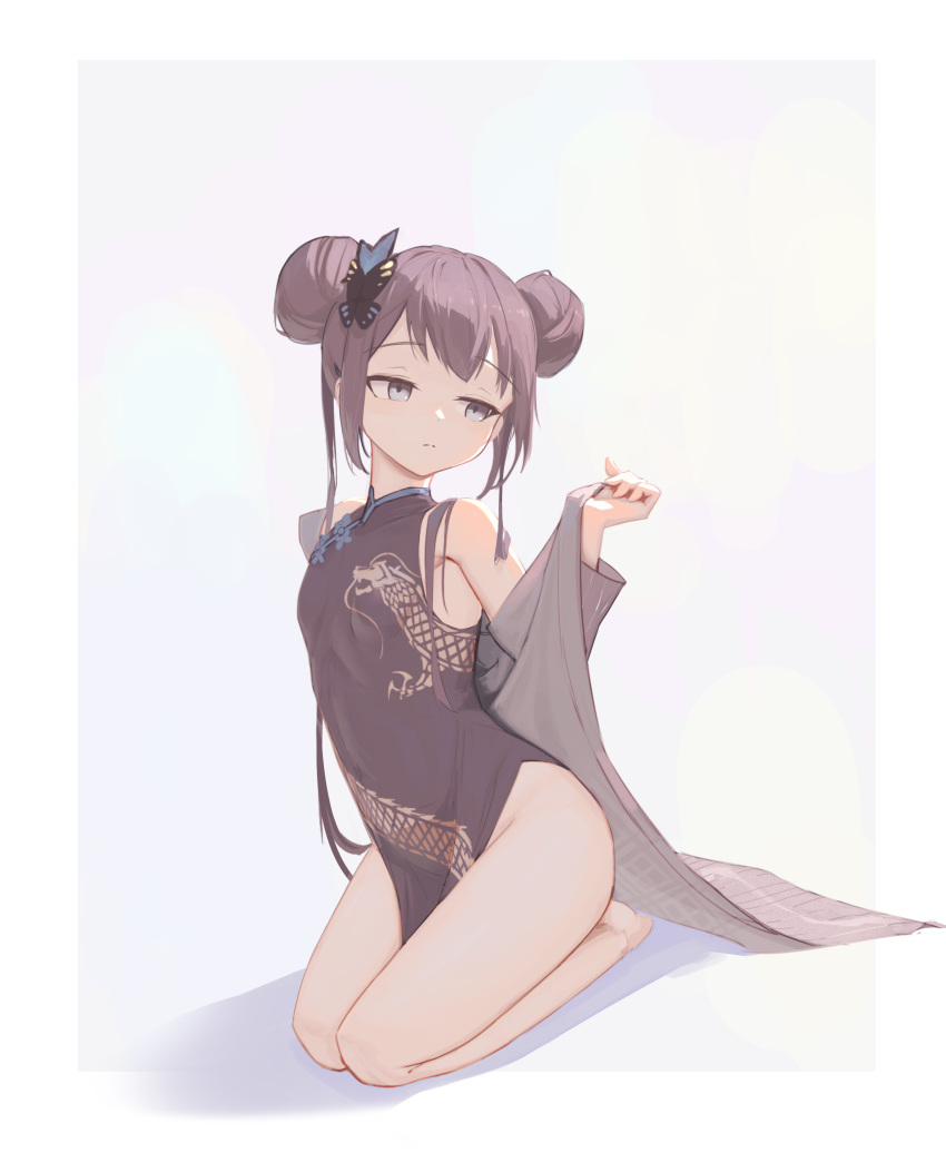 1girl absurdres aton_(user_kufr5245) barefoot black_dress black_hair blue_archive border breasts china_dress chinese_clothes closed_mouth clothes_between_thighs dress grey_eyes grey_jacket highres jacket jacket_partially_removed kisaki_(blue_archive) looking_to_the_side muted_color no_pants seiza shadow simple_background sitting sleeveless sleeveless_dress small_breasts solo white_background white_border