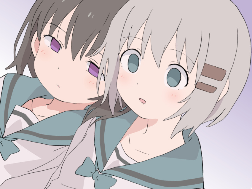 2girls aqua_bow aqua_bowtie aqua_eyes aqua_sailor_collar black_hair blush bob_cut bow bowtie empty_eyes gradient_background grey_hair hair_ornament hairclip hitsugi_mc hypnosis kuraue_hinata mind_control multiple_girls open_mouth purple_eyes sailor_collar school_uniform serafuku shirt tareme upper_body yama_no_susume yukimura_aoi