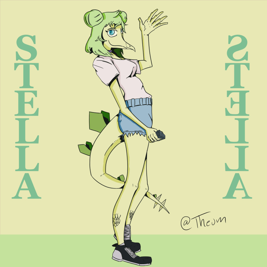 absurd_res anthro blue_eyes bottomwear clothed clothing dinosaur female gesture goodbye_volcano_high green_hair hair hi_res hotpants ornithischian reptile scalie shorts simple_background snoot_game_(fan_game) solo standing stegosaurian stegosaurus stella_(gvh) theumslayer thyreophoran waving waving_at_viewer