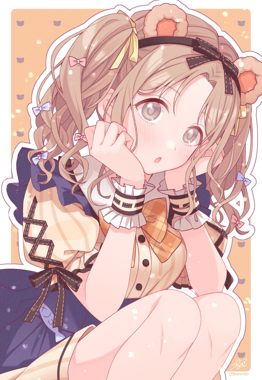 1girl absurdres animal_ears bear_ears bow brown_eyes brown_hair commentary_request fake_animal_ears hair_bow hairband highres ichikawa_hinana idolmaster idolmaster_shiny_colors konase_(non_stop!) long_hair looking_at_viewer open_mouth puffy_short_sleeves puffy_sleeves short_sleeves solo squatting twintails wrist_cuffs