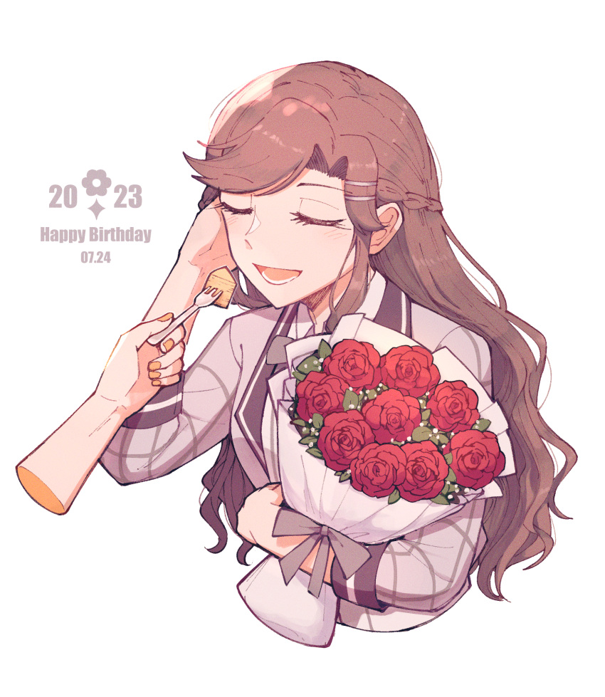 2girls baumkuchen bouquet braid brown_hair cake cake_slice closed_eyes collared_shirt commentary cropped_torso dated disembodied_limb feeding fingernails flower food fork grey_jacket hair_ornament hair_tucking hairclip half_updo hands_up happy_birthday highres holding holding_bouquet holding_fork jacket light_blush long_hair long_sleeves lower_teeth_only multiple_girls nail_polish official_alternate_costume official_alternate_hairstyle open_mouth parted_bangs red_flower red_rose rickonrk rose shirt shoujo_kageki_revue_starlight shoujo_kageki_revue_starlight_-re_live- sidelocks simple_background smile solo_focus teeth tendou_maya upper_body wavy_hair white_background white_shirt yellow_nails