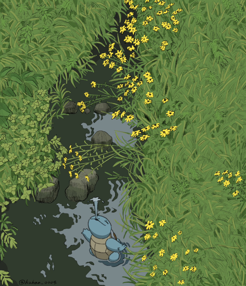 closed_eyes commentary_request day flower from_above grass highres kahan_0004 no_humans outdoors pokemon pokemon_(creature) solo squirting_liquid squirtle stream wading water yellow_flower