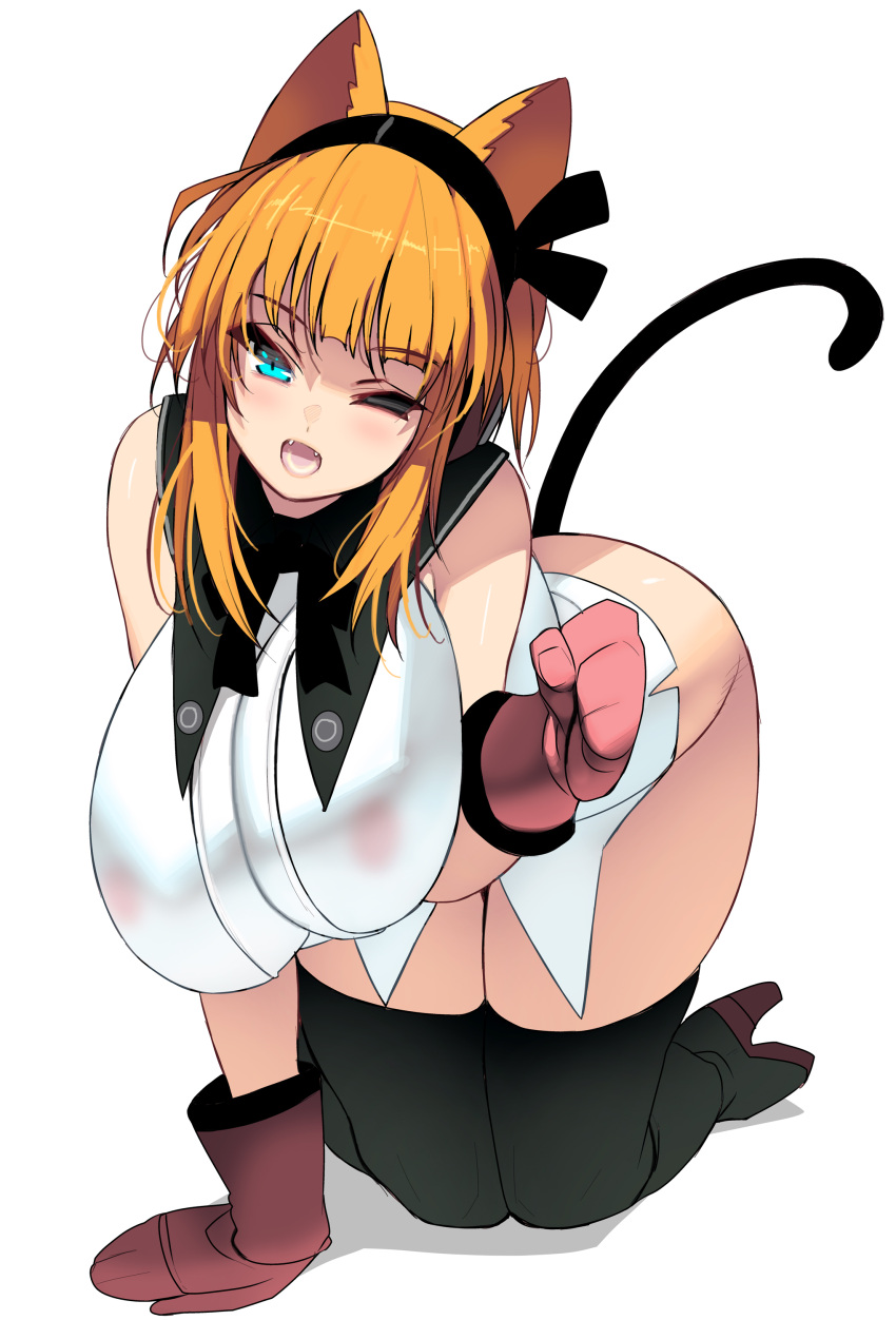 1girl absurdres all_fours animal_ears boots breasts cat_ears cat_tail fangs gloves high_heel_boots high_heels highres huge_breasts long_hair long_sleeves looking_at_viewer masao one_eye_closed open_mouth orange_hair original red_gloves solo tail thigh_boots white_background