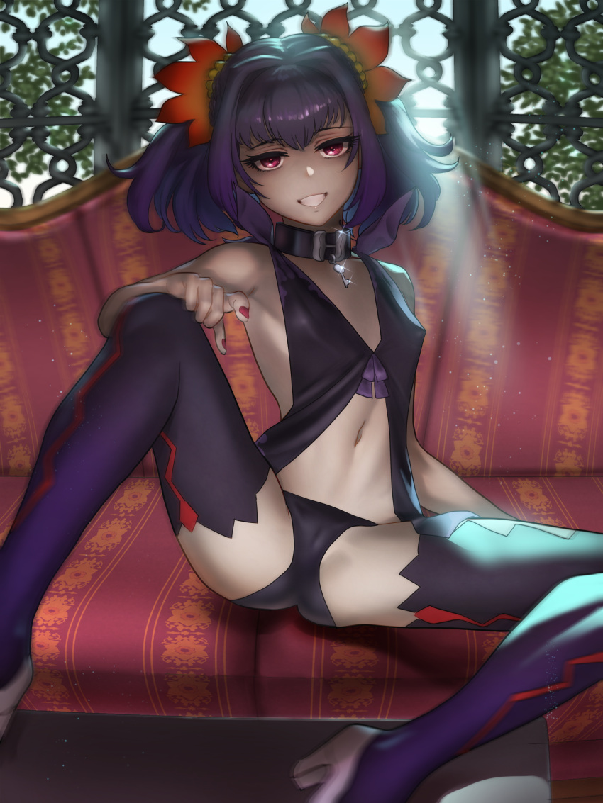 1girl absurdres black_choker bracelet choker couch flower grin hair_flower hair_ornament high_heels highres jewelry kaze_fukeba_nanashi looking_at_viewer nail_polish on_couch purple_eyes purple_hair red_nails revealing_clothes sideless_outfit smile smug solo spread_legs symonne_(tales) tales_of_(series) tales_of_zestiria thighhighs twintails