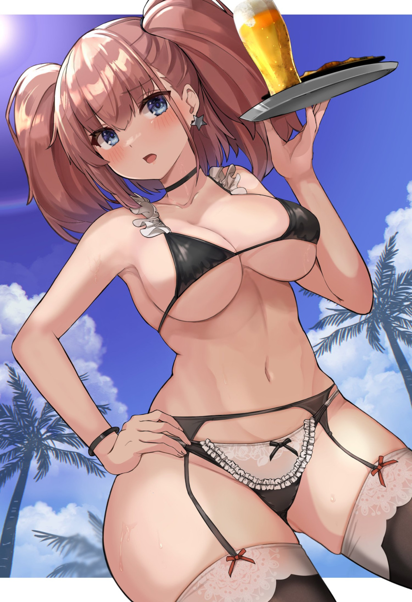 1girl alternate_costume atlanta_(kancolle) bikini black_bikini black_garter_belt black_thighhighs blue_sky blush bracelet breasts brown_hair cleavage cloud commentary_request earrings garter_belt grey_eyes hand_on_own_hip hand_up highres holding holding_tray jewelry kantai_collection kihou_no_gotoku_dmc lace-trimmed_legwear lace_trim large_breasts long_hair maid maid_bikini navel open_mouth outdoors palm_tree single_earring sky solo star_(symbol) star_earrings string_bikini sun sweat swimsuit thighhighs thighs tray tree two_side_up unconventional_maid