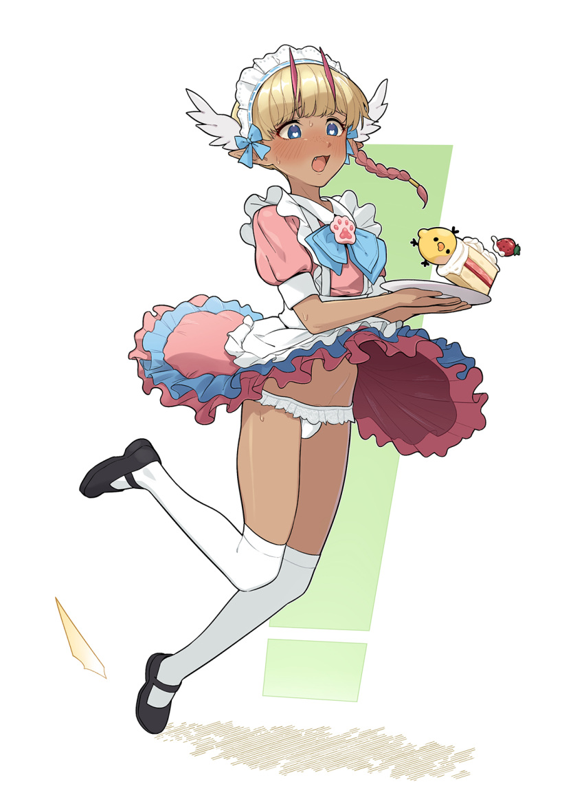! 1boy animal_hands apron bird black_footwear blonde_hair blue_bow blue_eyes bow braid cake cake_slice cat_paws chicken dark_skin demon_boy demon_horns elf fang food fruit head_wings heart heart-shaped_pupils highres holding holding_plate horns leg_up maid maid_apron maid_headdress male_focus medium_hair mubo open_mouth original otoko_no_ko panties pink_horns plate pointy_ears side_braid strawberry symbol-shaped_pupils thighhighs tripping underwear white_background white_panties white_thighhighs wings